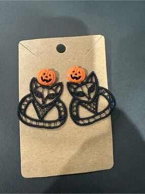 Halloween Pumpkin & Removable Black Cat Lace Drop Earrings (Unsigned)